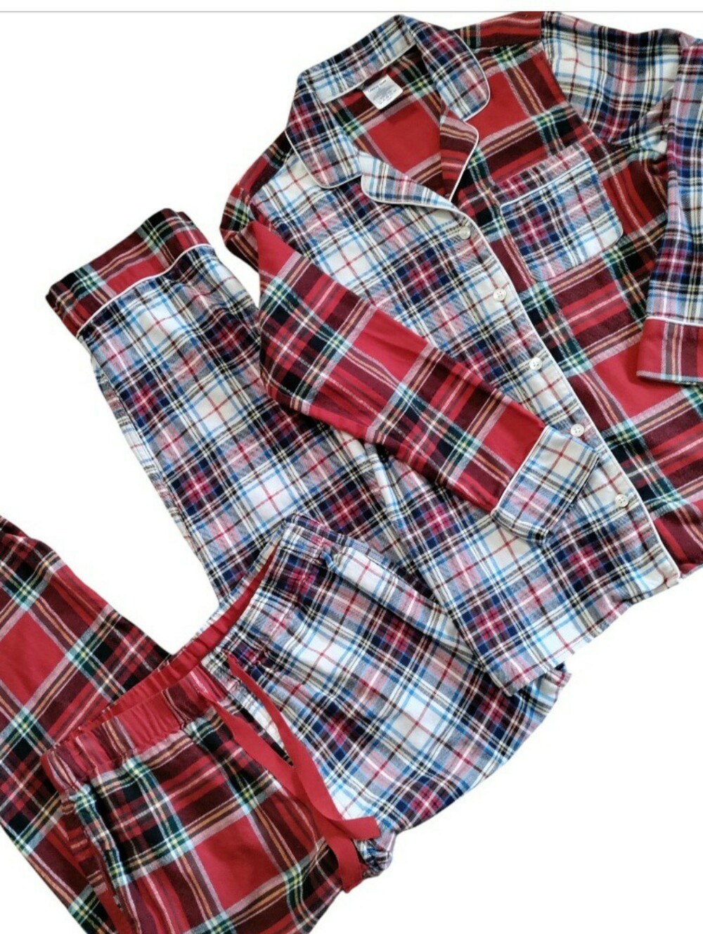 Lands' End Patchwork Plaid Flannel Pajama Set Tartan Collared Classic Cotton